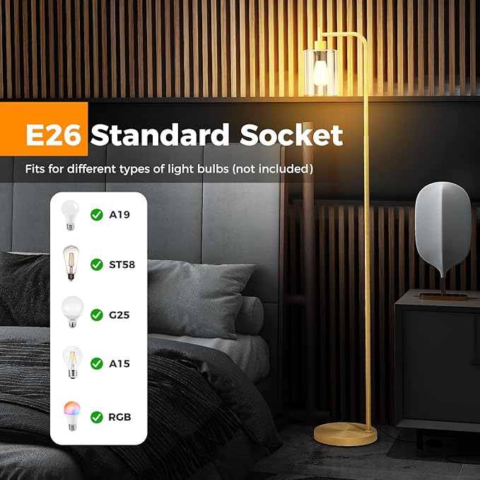 Tangkula Industrial Floor Lamp, Modern Standing Lamp with Hanging Glass Lampshade & Foot Switch, Tall Pole Light with E26 Standard Base for Living Room, Bedroom & Office (Gold, 1-Light)