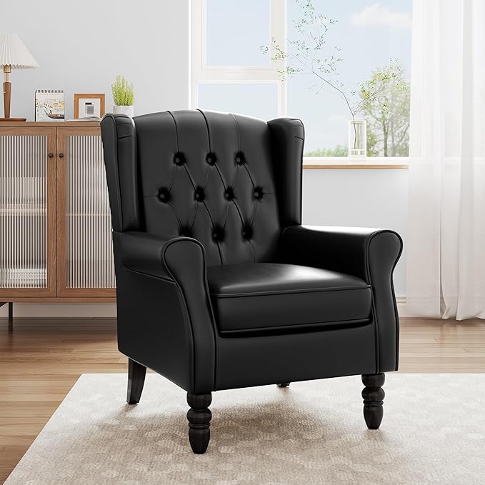 Faux Leather Accent Chair, High Back Upholstered Chair with Button Tufted, Mid-Century Modern Comfy Wingback Chair Reading Armchair for Living Room for Bedroom, Office-P Black
