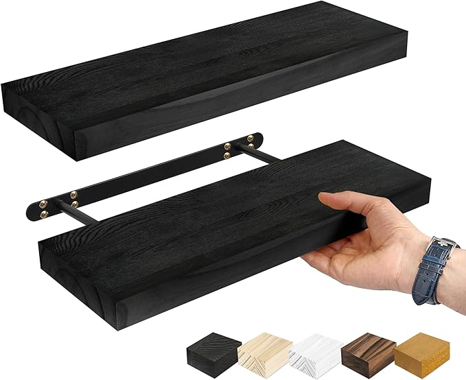 Sorbus 16" Solid Wood Floating Shelves - Set of 2 Black Wall Mounted Kitchen Shelves - Durable Pine Wood