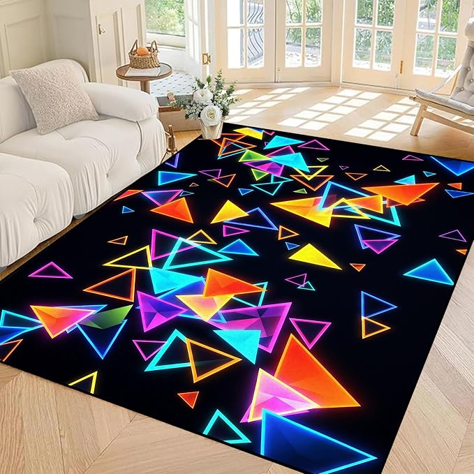 Triangle Area Rug 4'x6' Blacklight Glow in The Dark Geometric Rug Non-Slip Washable Colorful Neon Light Floor Mat for Bedroom Living Room Nursery Kitchen Playroom Home Decor