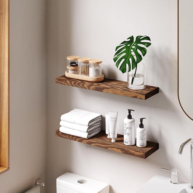 Howizz 24'' Wood Floating Shelves for Wall, Acacia Wood Wall Mounted Shelves with Invisible Brackets, Rustic Wooden Shelf Set of 2 for Living Room, Bedroom, Bathroom, Kitchen Decor, Light Walnut