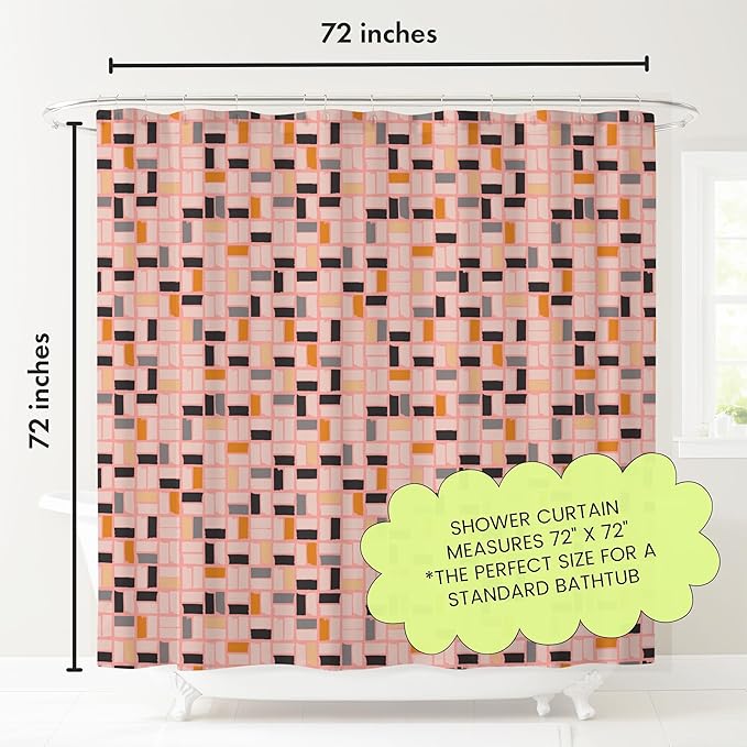 Pink MidMod Shower Curtain – 72x72 Mid Century Modern Bathroom Curtain with Abstract Square Pattern, Retro Colorful Fabric Design for Apartments, Guest Baths, or Dorms