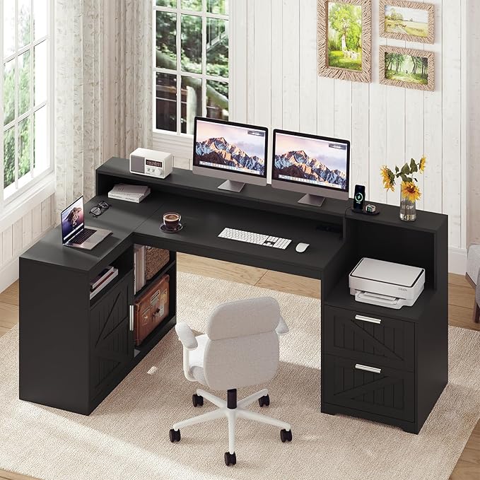 TVU Farmhouse L Shaped Desk with Drawers, 62.2" Home Office Desk with Storage Shelves and Power Outlet, L Shaped Computer Desk with Monitor Stand and Printer Shelf, Black