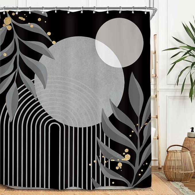 Miyotaa Abstract Black Gray Shower Curtain Set 60Wx71H Inches Modern Geometric Minimalist Aesthetic Mid Century Leaves Contemporary Neutral Waterproof Bathroom Curtain with 12 Hooks