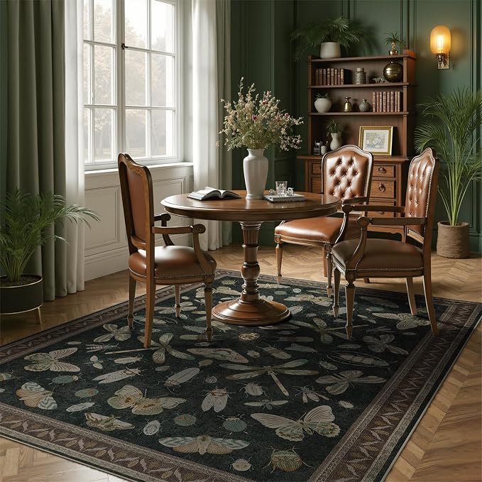 DCX 8x10 Washable Insect Rug, Vintage Gothic Black Rug with Non-Slip Rubber Backing, Soft Low-Pile, Stain-Resistant, Kid & Pet Friendly, for Living Room, Bedroom, Office, and Nature-Themed Decor