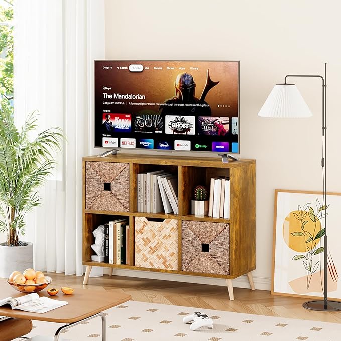 6 Cube Storage Organizer, Wood Bookcase with Legs, Modern Freestanding Cubby Shelving Unit, Book Shelf Toy Storage Cabinet for Bedroom, Living Room, Kids Room, Fits 11 Inch Bins, Rustic Brown