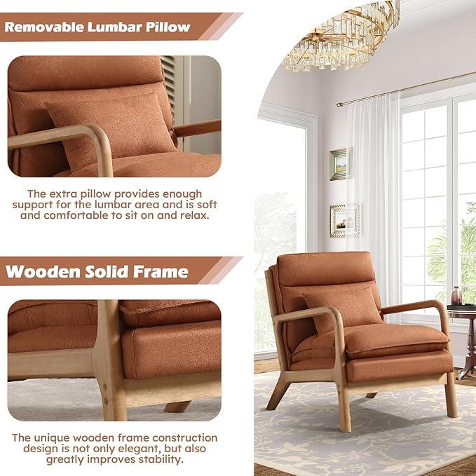 Mid Century Modern Accent Chair, Upholstered Lounge Armchair with Plump Back Pillow, Comfy Reading Chair with Solid Wood Frame for Bedroom Living Room, Brown