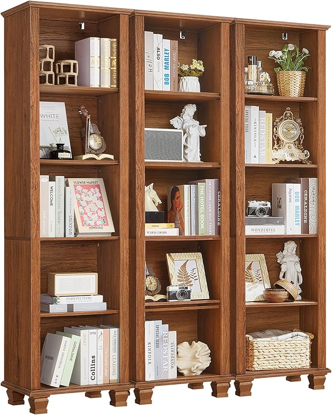 SAVOR LIFE Narrow Brown Book Shelf, 70" Tall Skinny Bookshelf with Adjustable Shelves & Wooden Legs, Farmhouse Wood Bookcase w/5-Tier Open Storage, Free Standing Book Case for Office,Living Room,3PCS