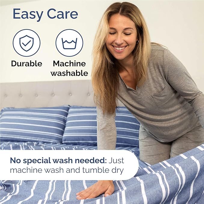 Full Size 4 Piece Sheet Set - Comfy Breathable & Cooling Sheets - Hotel Luxury Bed Sheets for Women & Men - Deep Pockets, Easy-Fit, Soft and Wrinkle Free Sheets - Blue Stripes Oeko-Tex Bed Sheet Set