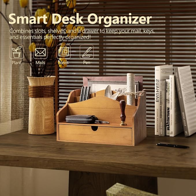 Pine Wood Mail Organizer For Desk - Rustic Mail Sorter With Drawer & Dividers 4-Slot Letter Sorter For File And Jewelry - Wooden Letter Holder For Desk Organization & Home Office Decor (Yellow)