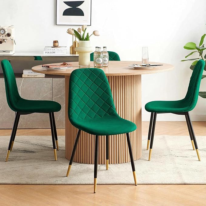 Round Dining Table Set for 4, Modern Mid Century Wooden Kitchen & Dining Room Table Set, 5 Piece Space Saving (47In Oak Table + 4 Green Velvet Chairs)