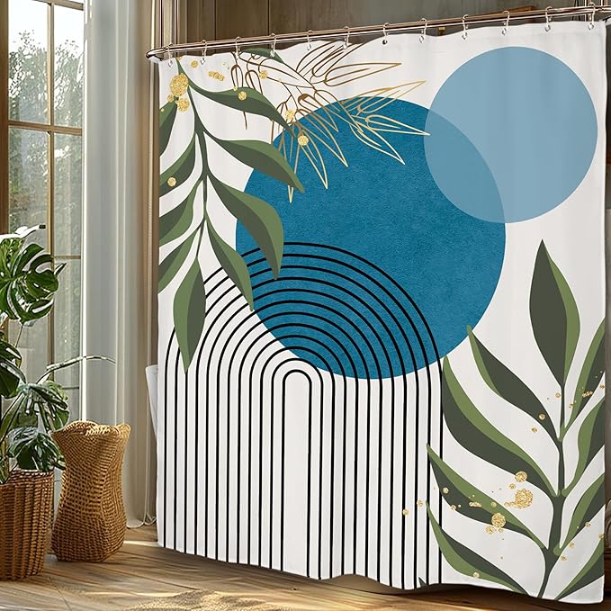 Miyotaa Teal Blue Abstract Shower Curtain Set 60Wx71H Inches Minimalist Aesthetic Modern Contemporary Geometric Plant Leaves Polyester Waterproof Bathroom Curtain with 12 Hooks