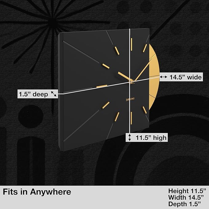 Driini Clocks Mid Century Modern Wall Clock - Square Black Clock with Decorative Gold Accent- Unique and Cool Clock, Battery Operated - MCM Decor & Decorative Wall Clock for Mid Century Modern Decor.