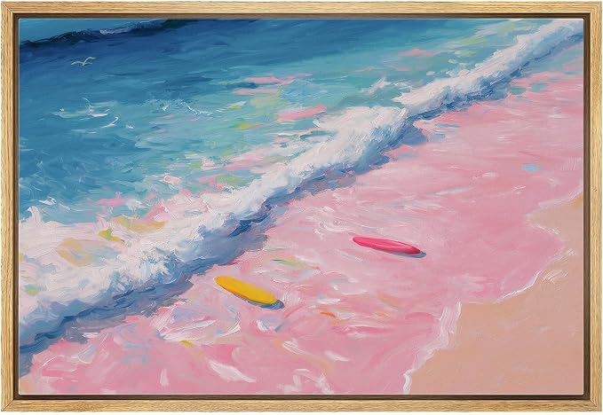 MUDECOR Framed Canvas Print Wall Art Pink Shoreline Waves with Surfboards Coastal Scene Illustrations Minimalism Decorative Bohemian Zen for Living Room, Bedroom, Office - 16"x24" NATURAL