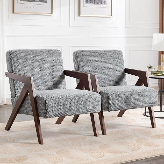 Bonzy Home Mid-Century Modern Accent Chair Set of 2 with Wood Frame, Upholstered Armchair for Bedroom & Living Room, Linen Fabric Cushion, Z-Shaped Armrest Design, Sturdy Lounge Chair