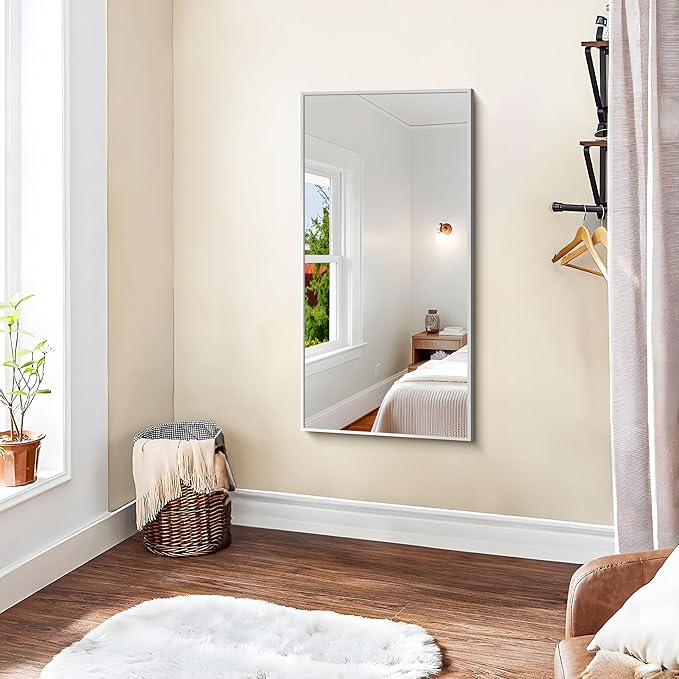 KOCUUY Silver Framed Mirror, 20"x40" Rectangle Bathroom Mirror for Wall, HD Tempered Glass, Anti-Rust Frame, Modern Design for Bathroom, Bedroom, Living Room, Entryway