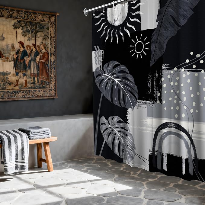 Extra Long Shower Curtain 96 Inchs Extra Tall Black and Gray XL Dark Black and Grey Masculine Shower Curtains for Large Bathroom Decor Sets, Waterproof Cloth Fabric with Hooks, 70 x 96 Inch