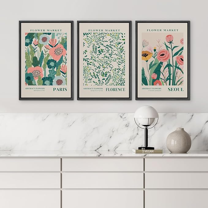wall26 Framed Canvas Print Wall Art Set Watercolor Pastel Vibrant Flower Market Prints Nature Wilderness Illustrations Modern Art Decorative Floral Botanical Minimal for Bedroom - 24"x36"x3 Black