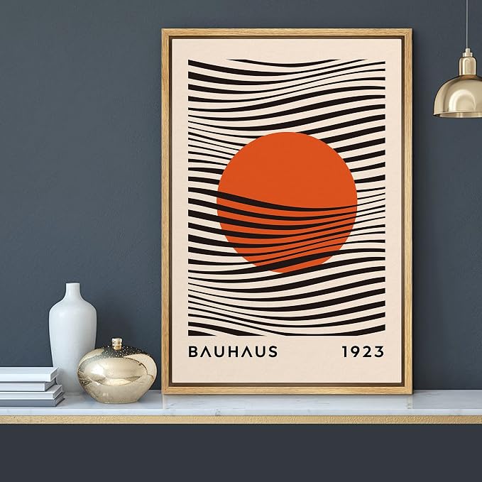 MUDECOR Framed Canvas Print Wall Art Mid-Century Bauhaus Red Sun & Black Waves Shapes Abstract Illustrations Modern Art Minimal Multicolor Relax/Calm for Living Room, Bedroom, Office - 24"x36" NATURAL