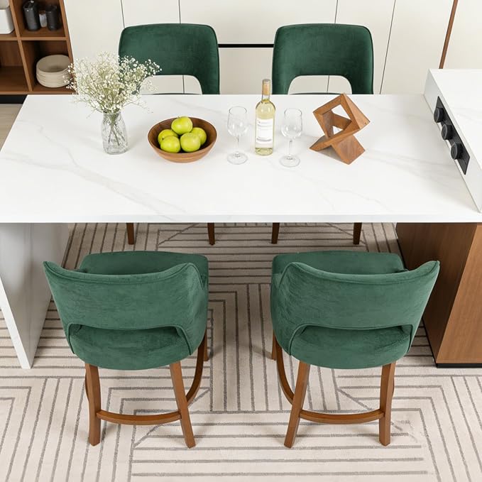 ClinQ Bar Stools Set of 3, 26" H Counter Height Bar Stools with Backs, Modern Upholstered Accent Barstools with Curved Footrest for Kitchen Island, Dining Room and Bar, Green-Walnut Legs