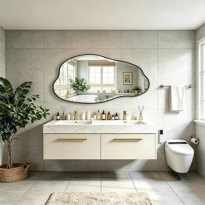 POZINO Large Irregular Beveled Mirror, 53.5"x27" Asymmetrical Vanity Wall Mirror with Metal Frame, Organic Shape Mirrors for Entryway Bathroom Living Room Bedroom, Horizontal/Vertical Hanging