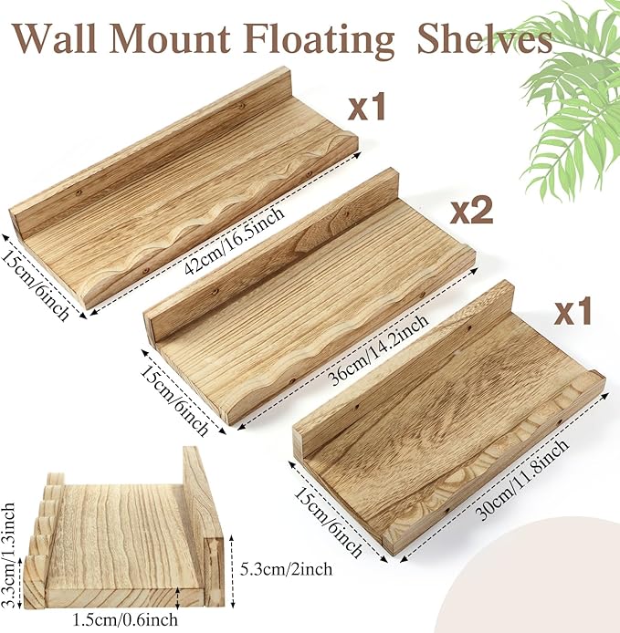 Suzile Set of 4 Floating Nursery Book Shelves for Wall Wood Floating Bookshelves Picture Small Ledge Shelf for Wall Boys Girls Teen Room Bathroom Bedroom Decor Storage