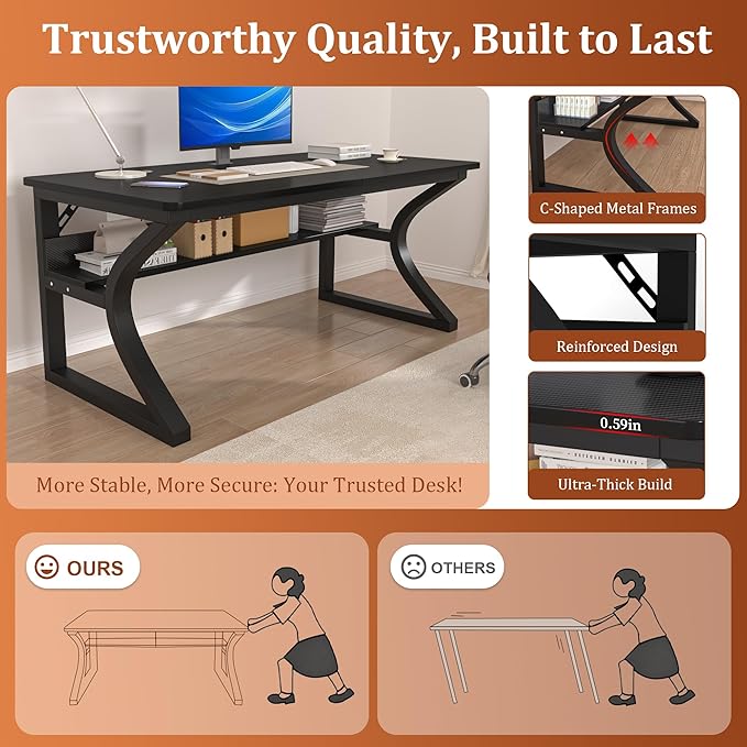 AZN Computer Desk, 47x24 in Computer Desk, Office Desk w/Storage & U-Size Metal Frame for Home Office Bedroom Gaming, Office Desk w/Water-Resistant, Scratchproof Surface, Carbon Fiber Black