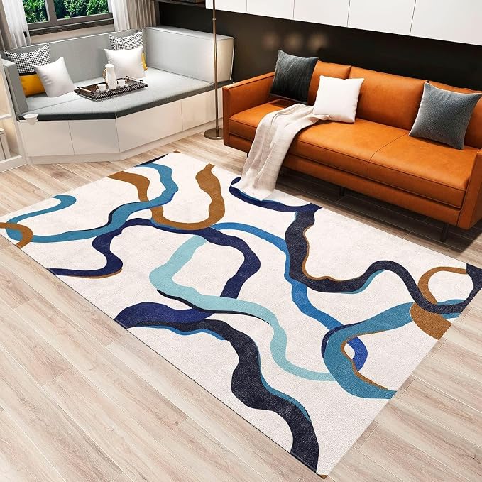 Mid-Century Black Brown and Blue Irregular Stripes Art Area Rug, Modern Abstract Lines Bedside Rug, Non Slip Absorbent Easy Clean Washable Mat for Floor Living Room Bedroom Entryway-6x8ft