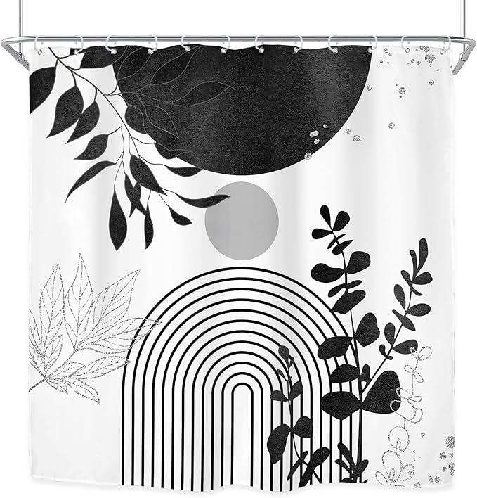 Riyidecor Black White Silver Boho Modern Shower Curtain for Bathroom Decor 72Wx72H Mid Century Bohemian Eucalyptus Leaves Abstract Arch Art Printed Fabric Polyester Waterproof 12 Pack Plastic Hooks