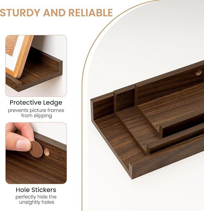 Picture Ledge Shelf Set of 6, 48 inch Long Large Floating Shelves for Wall with Lip, Wall Mounted Shelves for Living Room, Bedroom, Bathroom, Kitchen, Nursery,Walnut