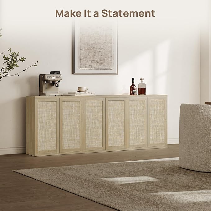 SICOTAS Rattan Sideboard Buffet Storage Cabinet - Farmhouse Boho Coffee Bar Cabinet with Adjustable Shelves, Large Console Table Credenza Stand for Living Room, Dining Room, Entryway, 3 PCS