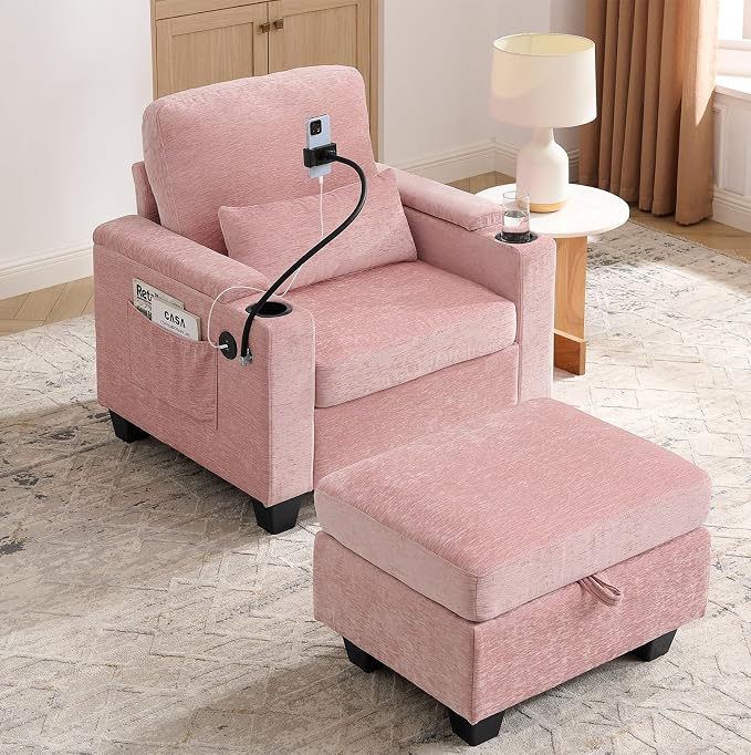 Oversized Chaise Lounge Chair Indoor, Single Convertible Recliner Reading Arm Sofa Chair W/Adjustable Backrest & Charging Port Couch Bed for Living Room, Home Theater & Bedroom, Pink