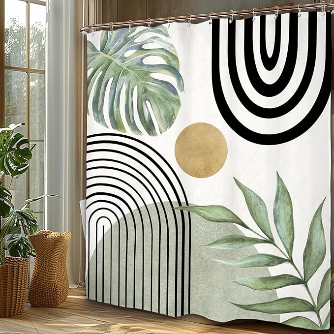 Miyotaa Abstract Light Sage Green Shower Curtain Set 60Wx71H Inches Minimalist Aesthetic Modern Contemporary Plant Leaves Neutral Monstera Mid Century Waterproof Bathroom Curtain with 12 Hooks