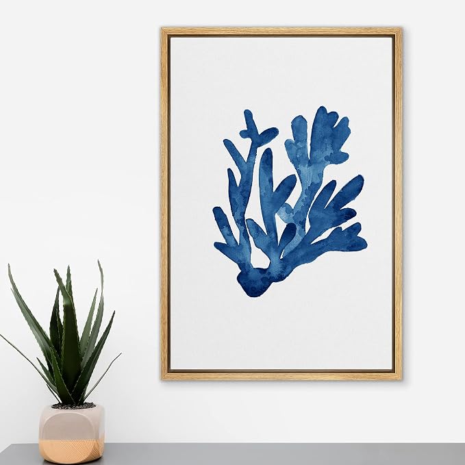MUDECOR Framed Canvas Print Wall Art Blue Watercolor Underwater Coral Nature Wilderness Illustrations Modern Art Beach Colorful Ultra for Living Room, Bedroom, Office - 24"x36" Natural