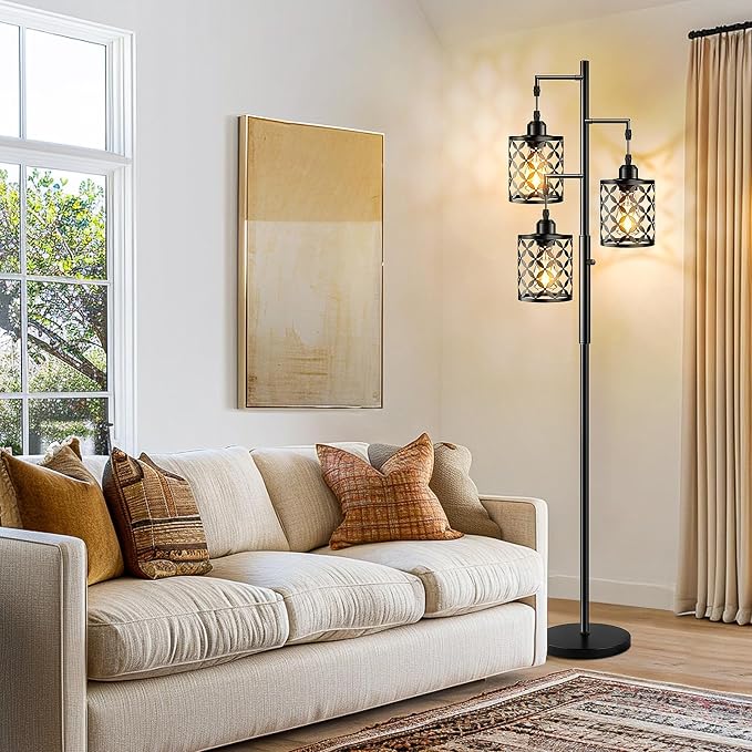 Dimmable Floor Lamp, Farmhouse Standing Lamp with Elegant Metal Cage, Industrial Tall Tree Floor Lamps for Living Room, Bedroom, Study Room, Office, 2400LM LED Bulbs Included - 68", Black