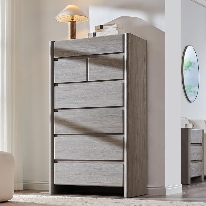 Modern 7 Drawers Dresser for Bedroom, 54.7" Tall Large Dresser & Chests of Drawers w/Rounded Corner, Wood Handleless Organizer Dresser w/Natural Texture for Bedroom, Living Room-Light Grey