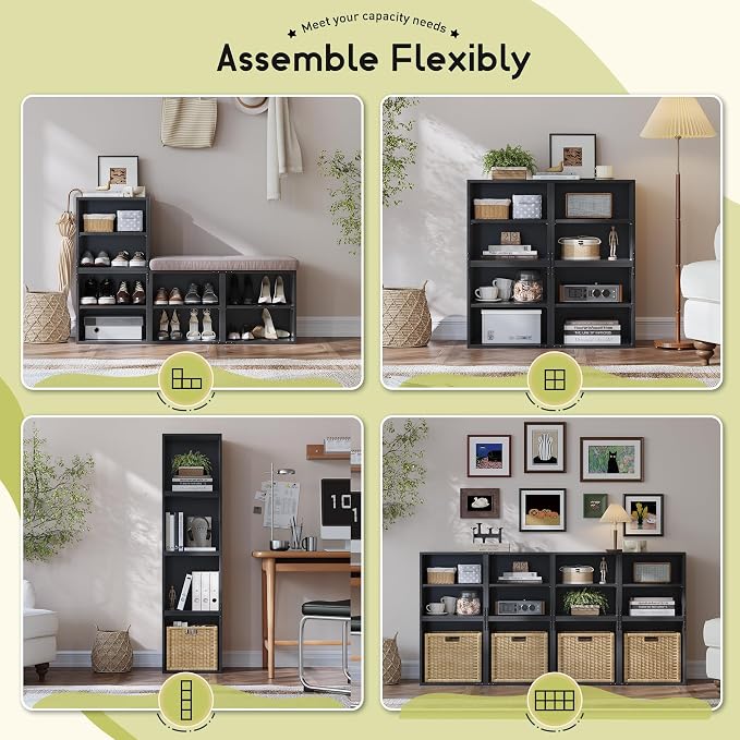 Homkdom 4 Cube Storage Organizer with 2 Removable Open Shelves, DIY Bookcase with Anti-Tip Design, Stackable Cube Shelf for Bedroom, Office, Dorm, Black