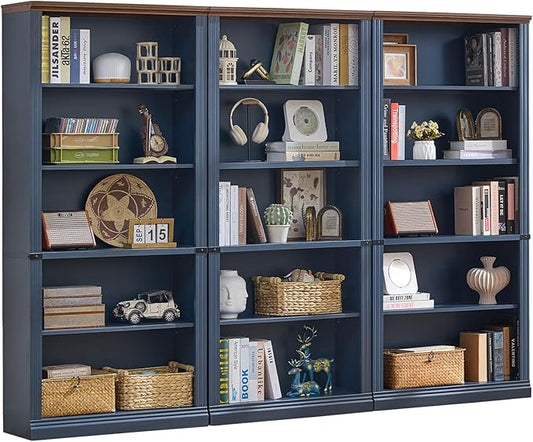 70" Blue Tall Bookshelf Set of 3,5-Tier Thick Wooden Book Shelf with Adjustable Shelves,Free Standing Farmhouse Bookcase with Open Display Storage,Floor Vintage Bookshelves for Living Room