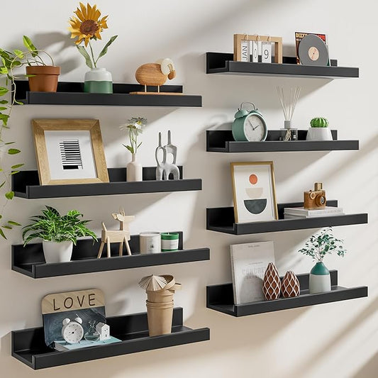 Heimlove 24 inch Picture Ledge Shelf Set of 8,Long Floating Shelves for Wall,Black Picture Shelf with Lip for Wall Decor,Living Room Bedroom Bookshelf Photo Frames Nursery Book Shelves for Storage