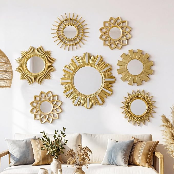 Gerrii 7 Pcs Gold Sunburst Mirror for Wall Decorative Gold Mirrors for Wall Decor Vintage Mirror Sets Hanging Round Decorative Mirrors Accessories for Art Entryway Living Room Home Decor Art Gifts