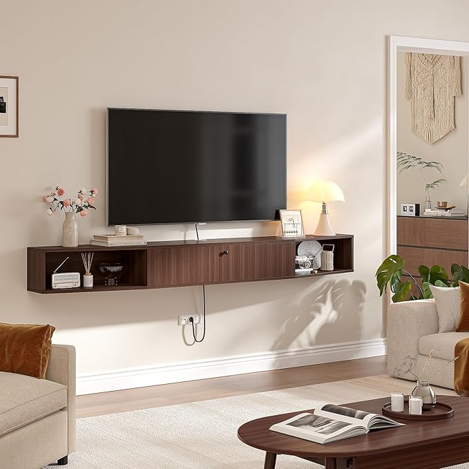 55 inch Floating TV Stand,Plywood Wall Mounted Entertainment Center with 1 Door & 2 Open Cabinets,Floating Media Console with Wire Holes,Hanging TV Shelf for Living Room, Bedroom Walnut