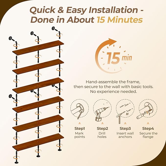 6 Tier Industrial Ladder Shelf Bookcase, Wall Mounted Rustic Bookshelf for Living Room Decor and Storage (Walnut Color, 6 Tier - 10" D x 60" W x 82.5" H)