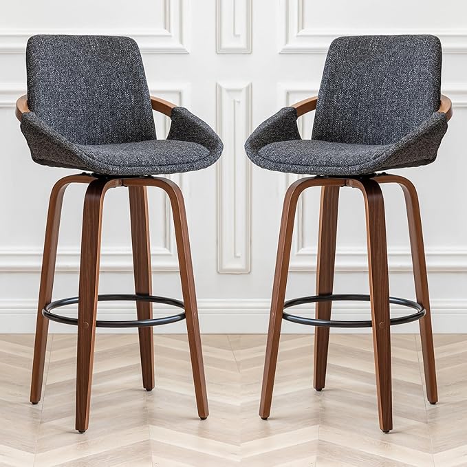 LUNLING 25.6" Counter Height Bar Stools Set of 3 Mid Century Modern Retro Bar Chairs Charcoal Darkgray Linen Look Fabric Upholstered and Walnut Wood Frame Barstools for Home Bar Furniture