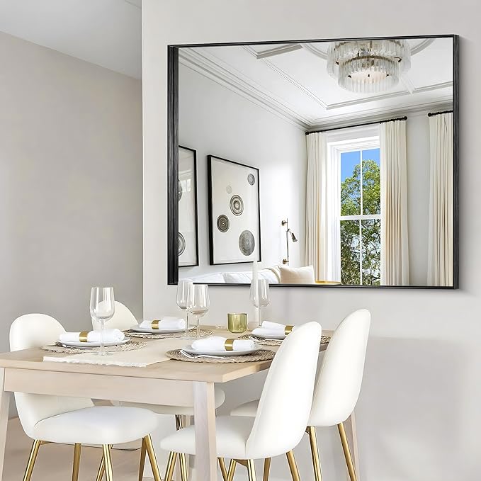 CIRCUMI Black Bathroom Mirror, 40"x48" Rectangular Mirror with Deep Metal Frame, Brushed Finish, Tempered Glass, Large Mirror for Wall, Over 2 Sinks, Installed Vertically/Horizontally, Crystal-Clear
