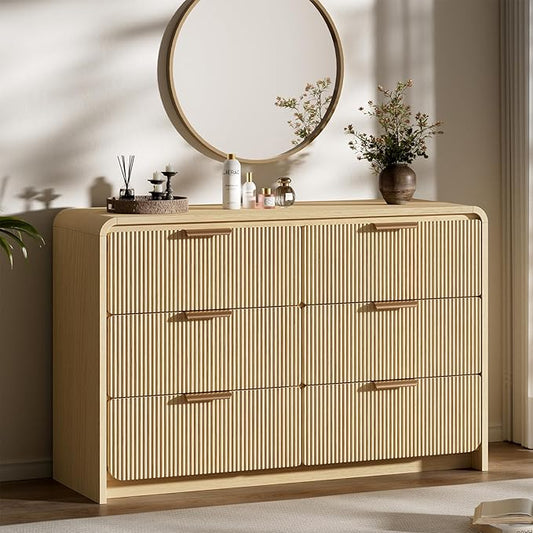 Fluted 6 Drawer Dresser, 47” Wide Wooden Storage Chest with Rounded Curved Corners and Gold Handles, Natural Oak Wood Dresser for Bedroom, Living Room, Hallway