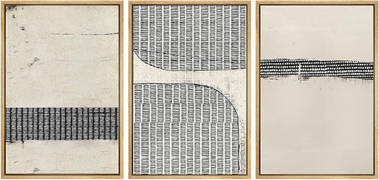 SIGNWIN Framed Canvas Print Wall Art Set Black Tan Grunge Grid Polygon Pattern Abstract Shapes Cozy Neutral Decorative Contemporary Minimal for Living Room, Bedroom, Office - 16"x24"x3 Natural