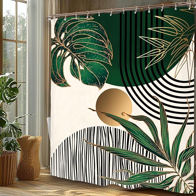 Miyotaa Emerald Green Abstract Shower Curtain Set 60Wx71H Inches Vintage Minimalist Aesthetic Modern Contemporary Plant Leaves Polyester Waterproof Cloth Bathroom Curtain with 12 Hooks
