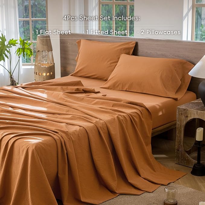 MooMee Bedding Sheet Set 100% Washed Cotton Linen Like Textured Breathable Durable Soft Comfy (Solid Burnt Orange, Full)