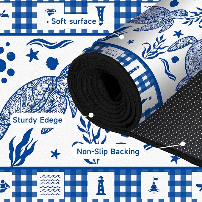 Sea Turtle Rug Coastal Ocean Print Floor Mat Blue and White Plaid Area Rug for Bedroom Living Room Nursery Kitchen Playroom Home Decor Non-Slip Washable Carpet,5'x7'