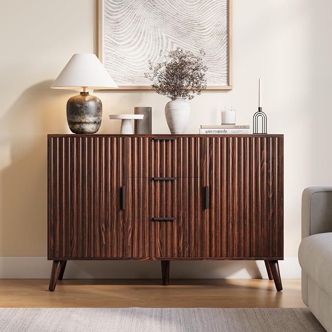 47.2" Fluted Sideboard Buffet Cabinet with 3 Drawers, Walnut Modern Buffet Cabinet with Storage, Large Storage Cabinets with 2 Doors Accent Credenza for Living Room|Kitchen|Entryway